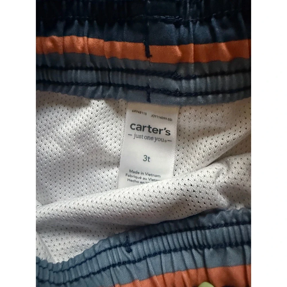 Carters Boys Rashguard Swim Set 3T Blue Zip Top Stripe Shorts w/‎ Lined Trunks